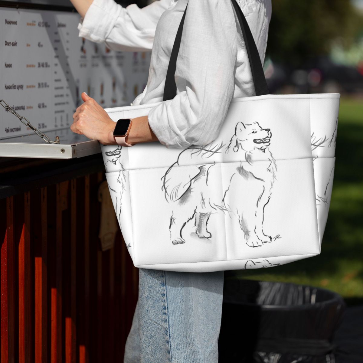 Yoga Fitness Drawing - Пляжная большая сумка Samoyed Drawing Спортивная